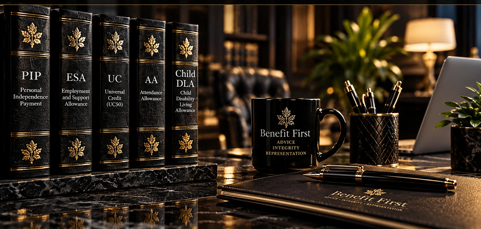 Five black leather benefit reference books with gold detailing, alongside a Benefit First branded mug and elegant office stationery