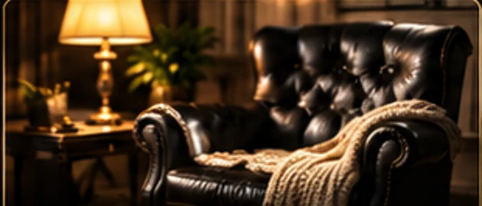 Comfortable black Chesterfield chair with folded throw and warm lamp