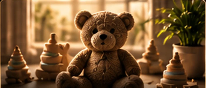 Teddy bear and wooden toys in a warmly lit nursery