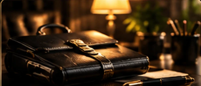 Closed black leather work briefcase with gold-trimmed pen