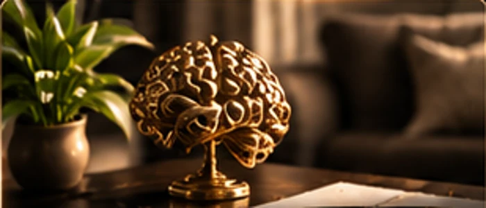 Gold anatomical brain sculpture beside elegant stationery, symbolising visible and non-visible disabilities